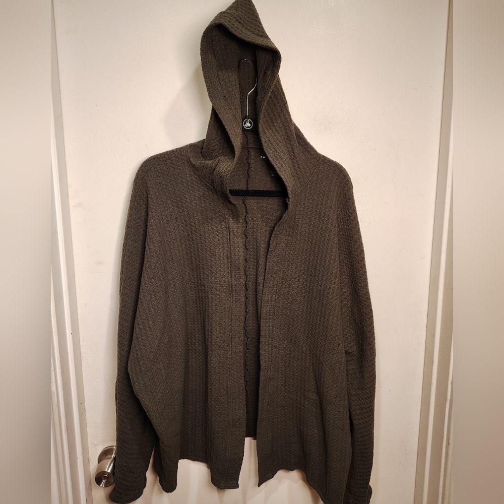 American Eagle Olive Green Soft & Sexy Plush Waffle Open Front Hooded Cardigan L
